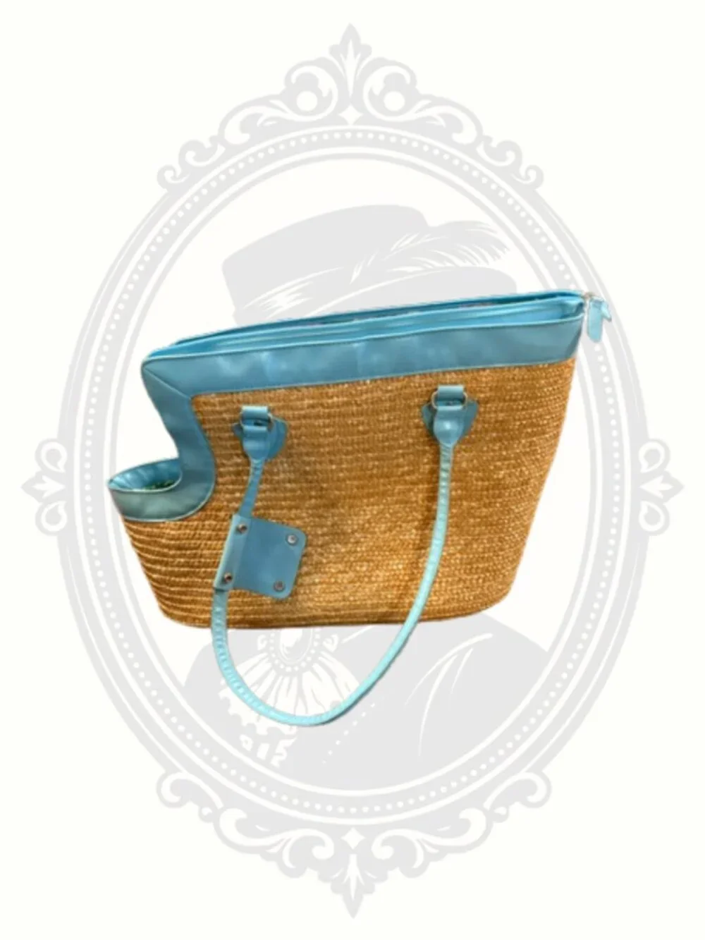 Blue Straw Pet Carrier Dog Tote Bag Tropical Lining Small Dog Travel Carrier